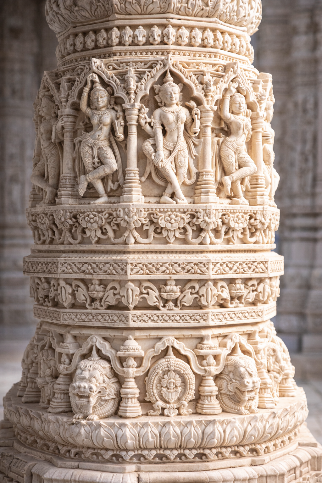 Close-up of a single Jain temple white marble pillar with incredibly detailed carvings of dancing apsaras, geometric patterns, lotus motifs and mythical creatures in concentric bands, soft directional light -- HD architectural detail wallpaper